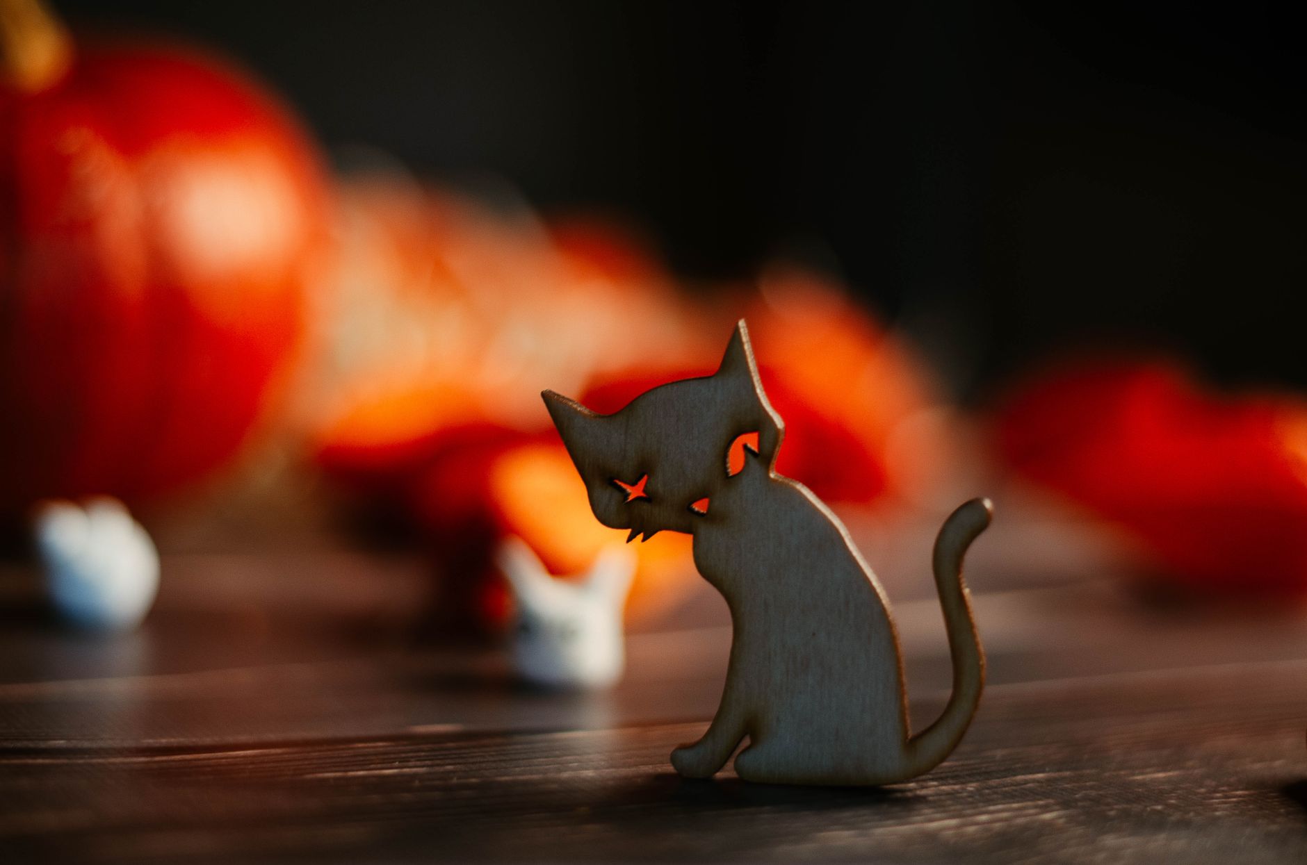 かぼちゃのそばに置かれた黒ねこの飾り